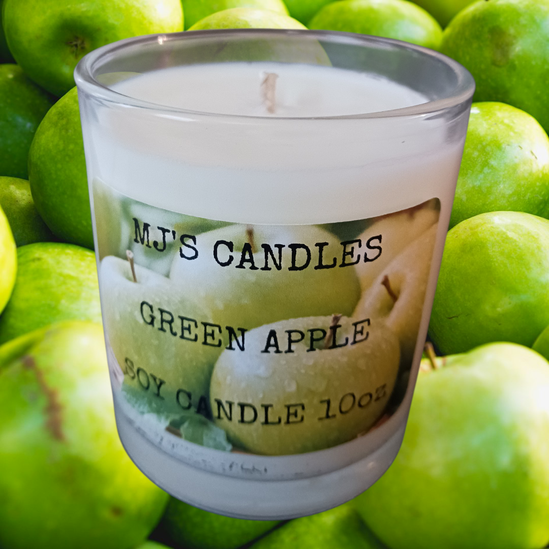 MJ'S CANDLES LLC green apple scented soy candle wax in a glass container with a wick