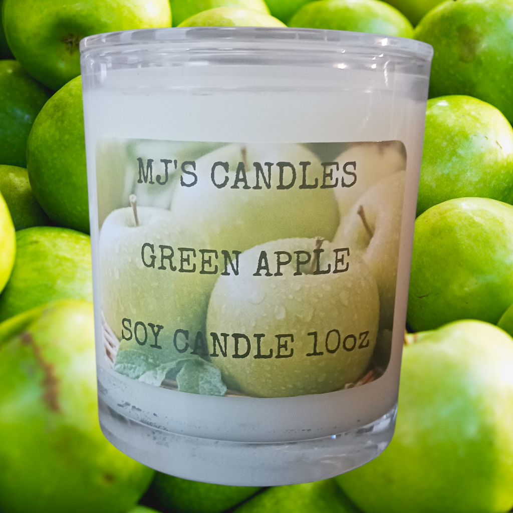 MJ'S CANDLES green apple scented soy candle wax in a 10oz clear glass container
