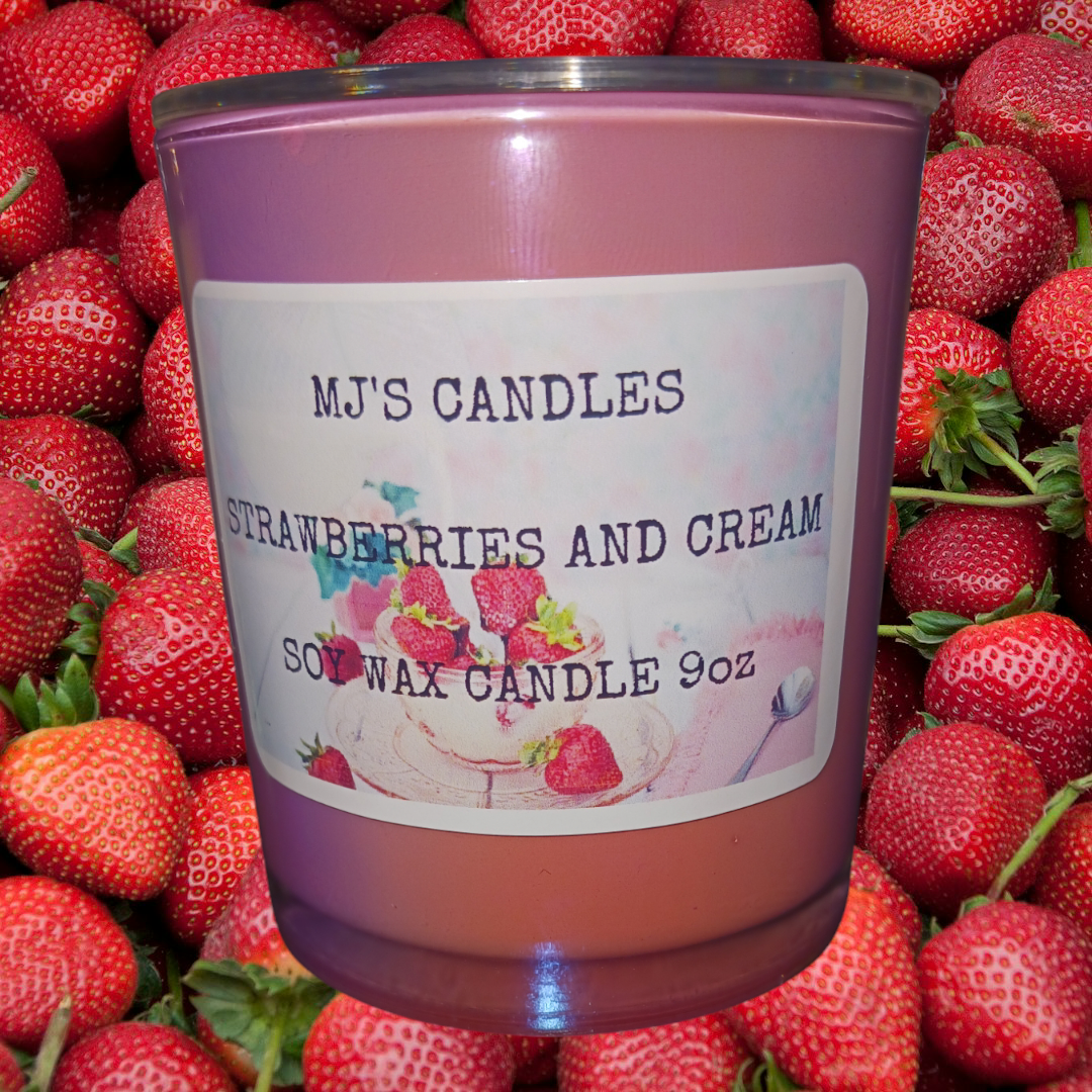 MJ'S CANDLES handcrafted dessert scented candle strawberries and cream soy wax 9oz in pink glass jar