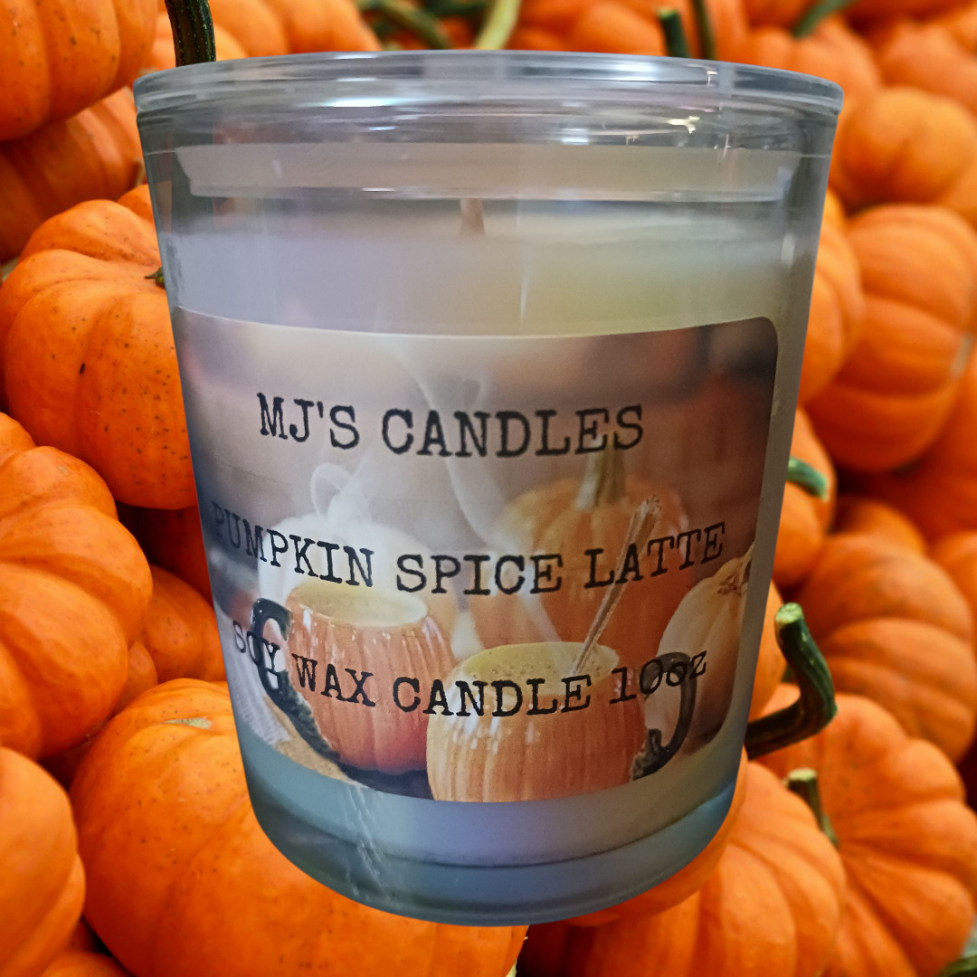 MJ'S CANDLES LLC handcrafted fall scented candle Pumpkin Spice Latte soy wax in a clear glass jar