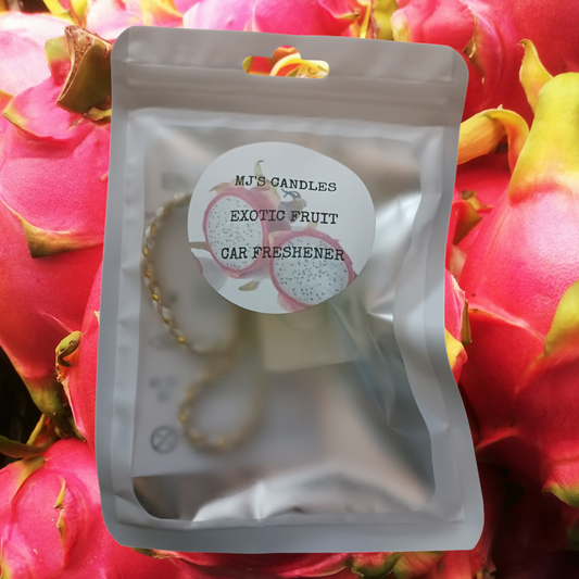 MJ'S CANDLES LLC handcrafted fruit scented car freshener in resealable packaging with exotic fruit design