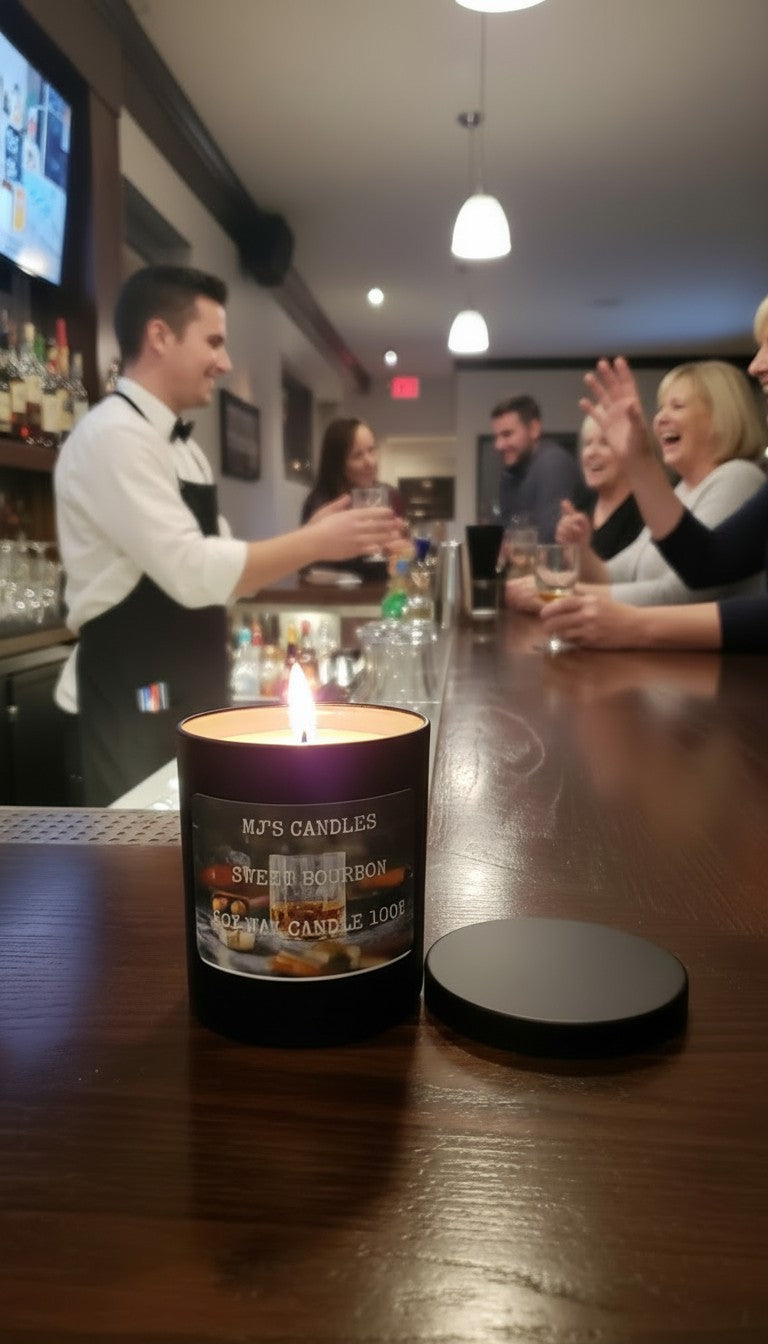 Handcrafted luxury soy candle by MJ'S CANDLES LLC lit on bar counter with people enjoying drinks