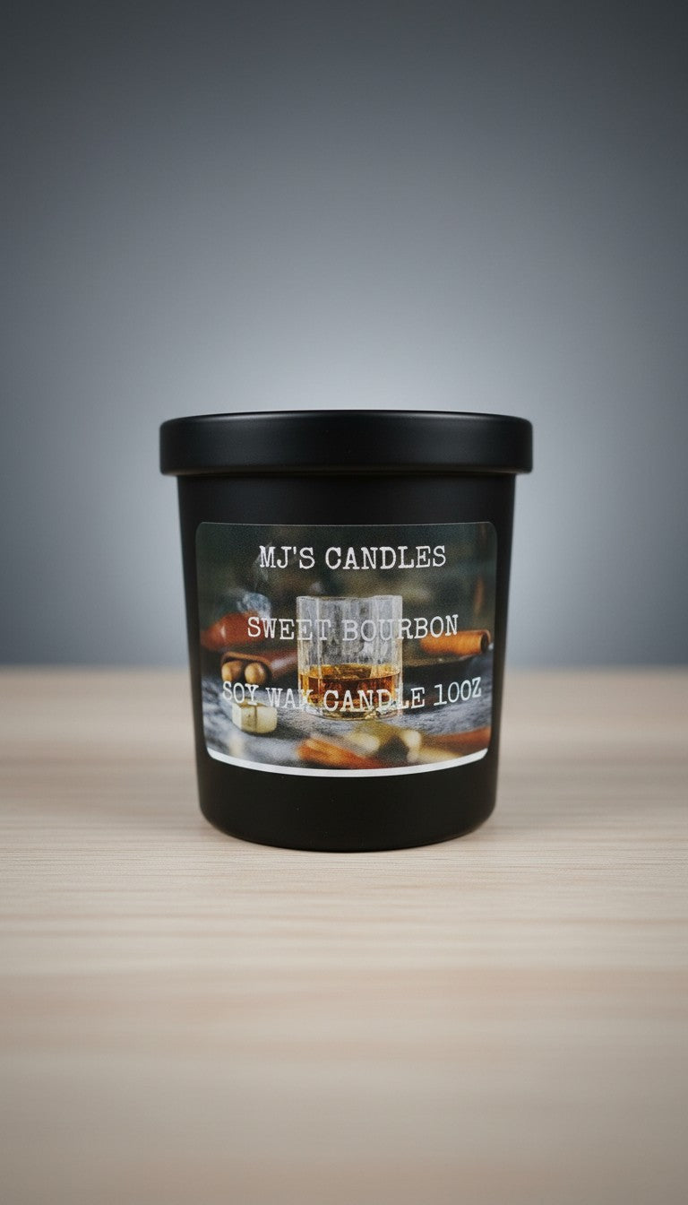MJ's Candles handcrafted luxury soy candle Sweet Bourbon scent in black jar with lid