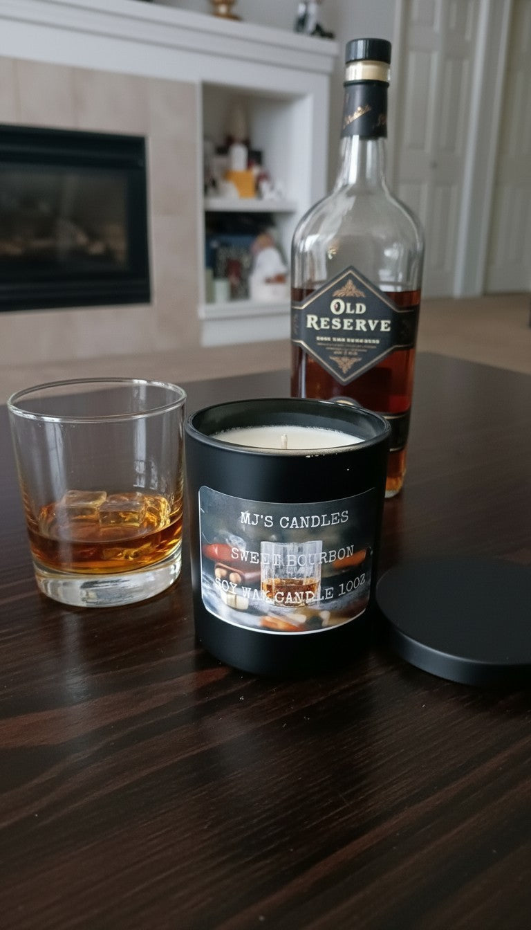 MJ'S CANDLES handcrafted luxury soy candle Sweet Bourbon next to whiskey glass and bottle on wooden table