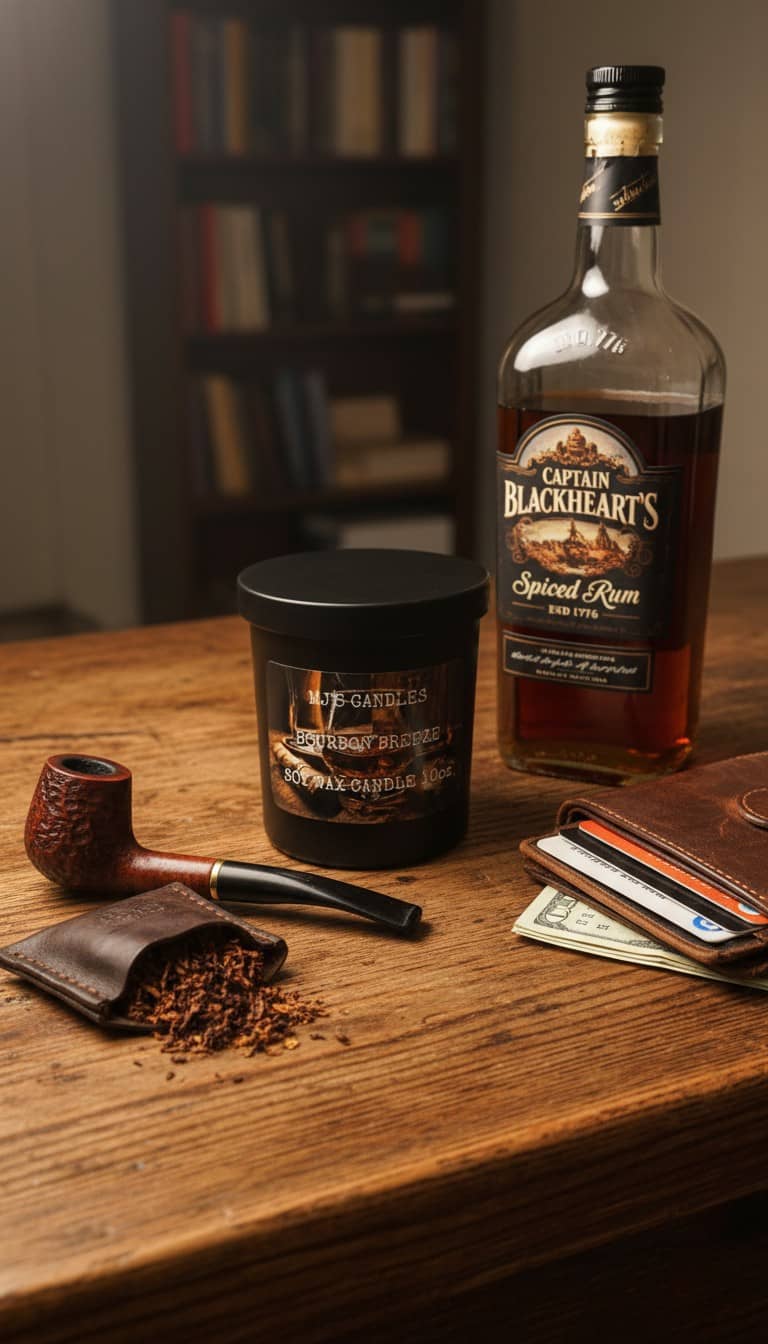 MJ'S CANDLES LLC handcrafted masculine candle scent with whiskey bottle pipe and wallet on wooden table