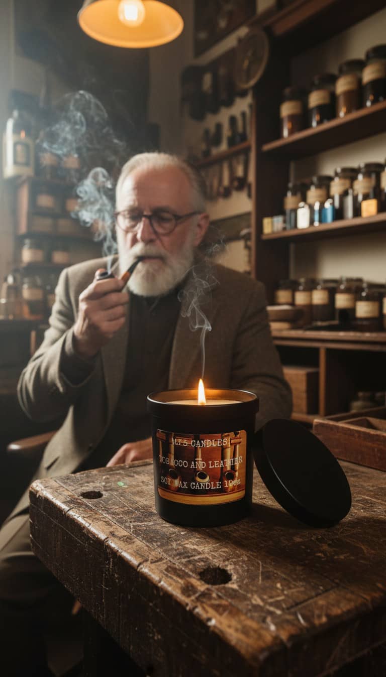 MJ'S CANDLES LLC handcrafted masculine candle scent lit on rustic wooden table in cozy room