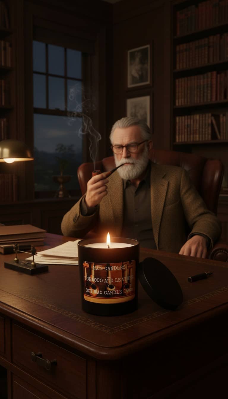 Handcrafted masculine candle scent burning on desk in a study with an elderly man smoking a pipe