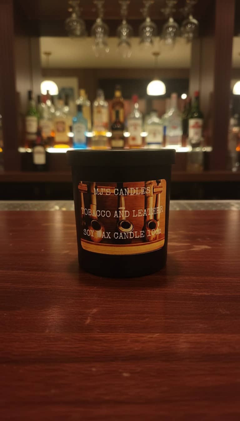 MJ'S CANDLES LLC tobacco and leather soy wax candle with handcrafted masculine candle scent on wooden bar