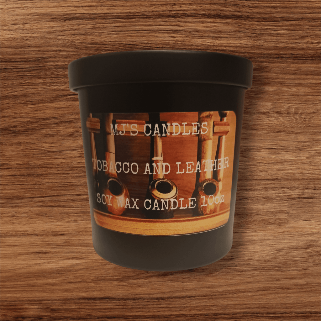 MJ'S CANDLES LLC handcrafted masculine candle scent tobacco and leather soy wax candle 10oz