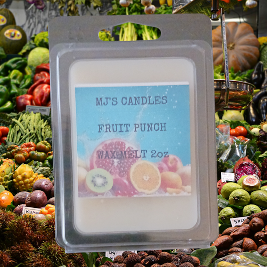 MJ'S CANDLES LLC handmade fruit punch wax melt 2oz with fruit label on clear packaging
