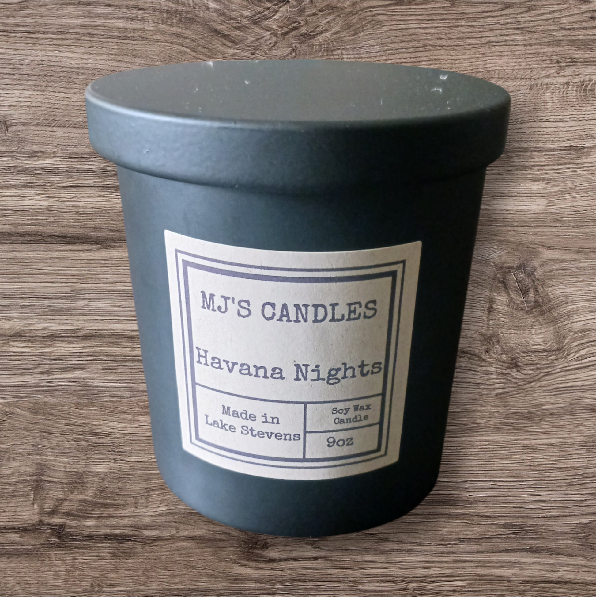 MJ'S CANDLES LLC Havana Nights soy candle in matte black container with lid 9oz size