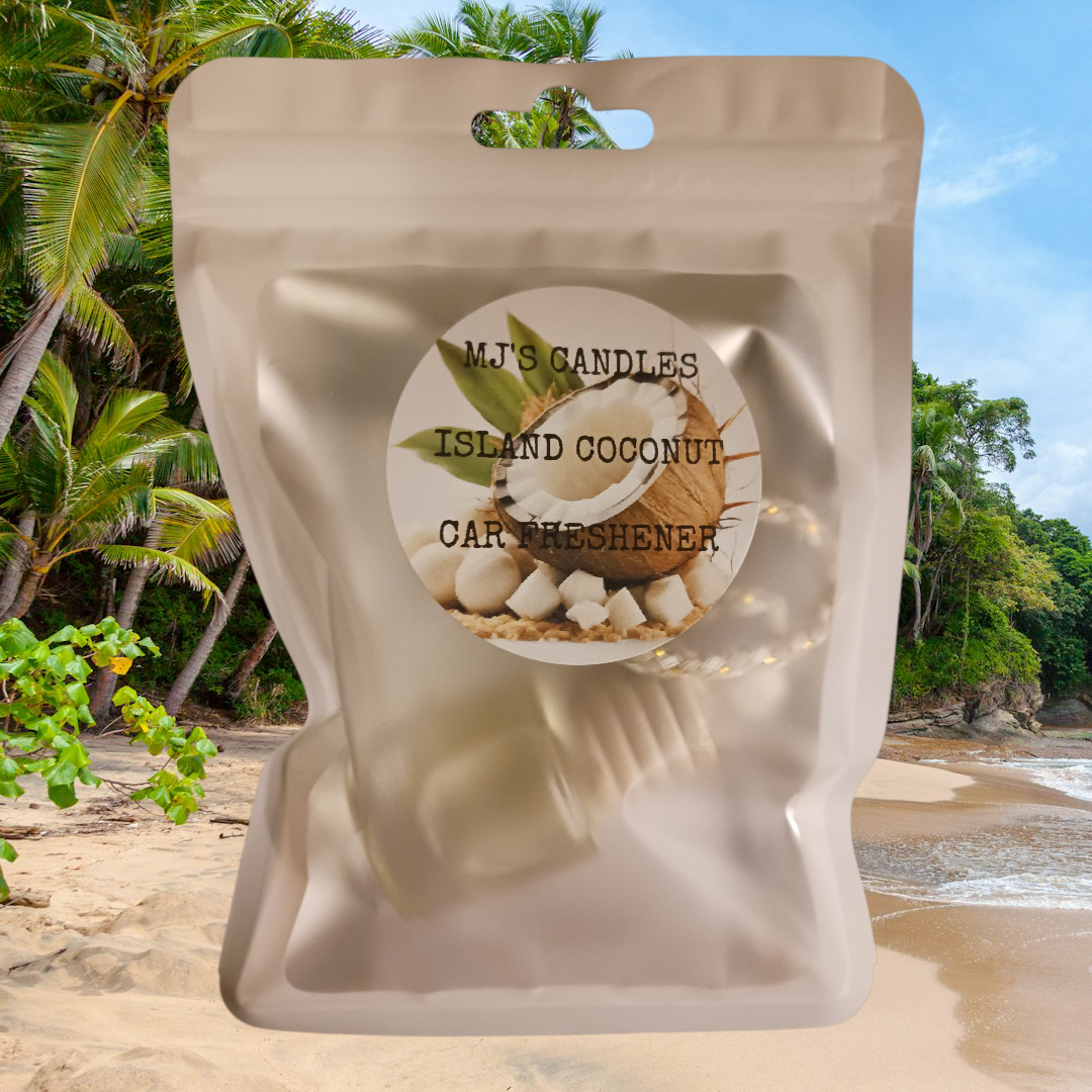 MJ'S CANDLES Island Coconut car air freshener in beige resealable pouch with tropical scent