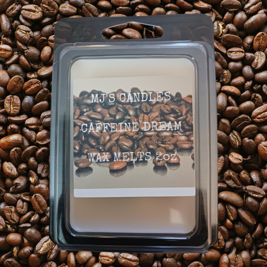 MJ'S CANDLES long lasting coffee aroma wax melt Caffeine Dream 2oz pack with coffee beans background