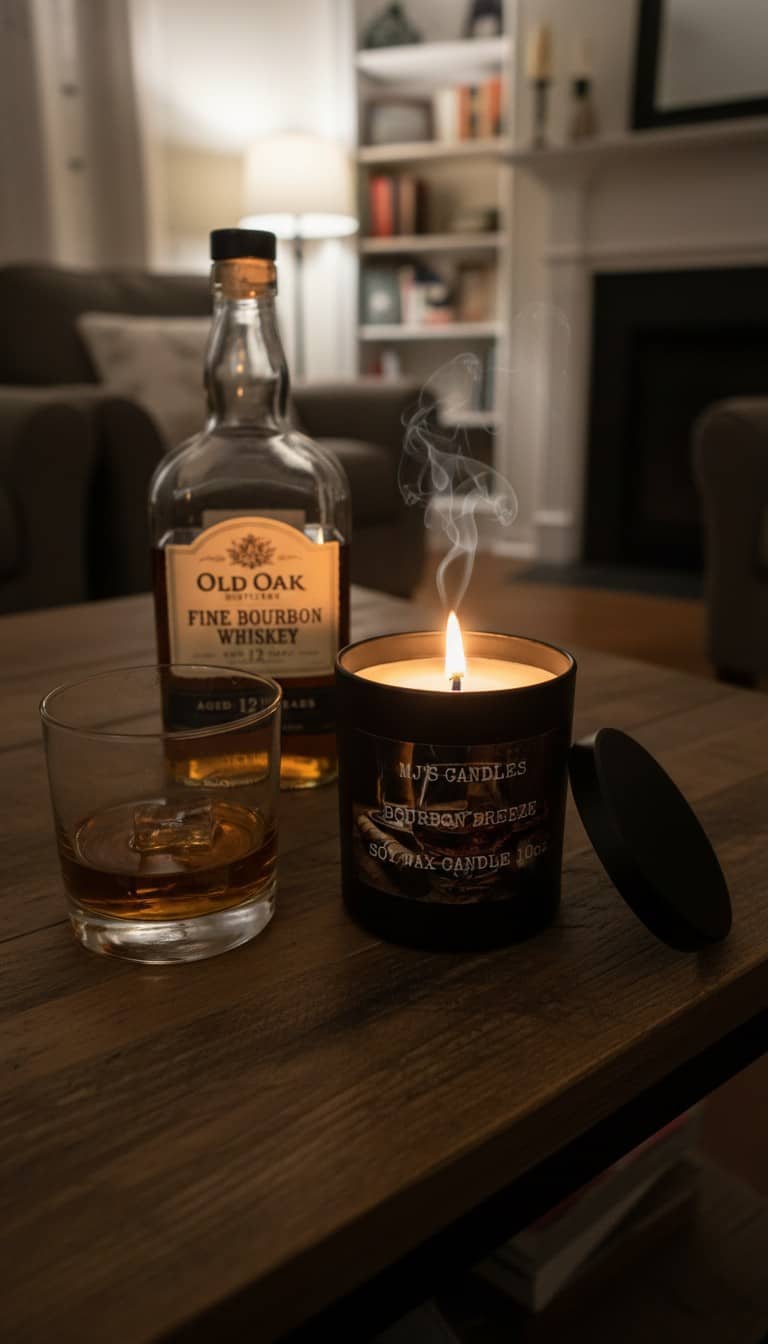 Luxury bourbon breeze candle lit on wooden table next to glass of bourbon and whiskey bottle in cozy living room