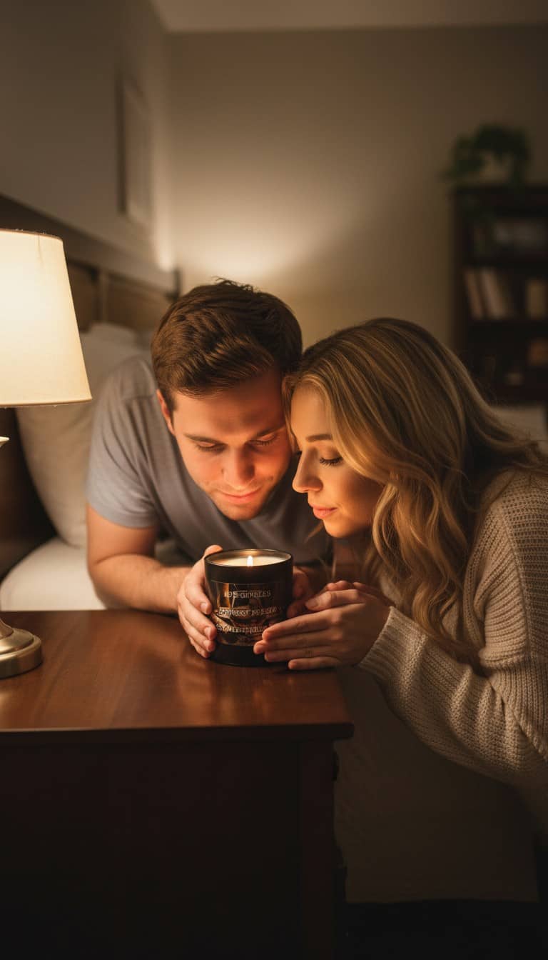 Couple enjoying the warm glow and scent of luxury bourbon breeze candle from MJ'S CANDLES LLC indoors