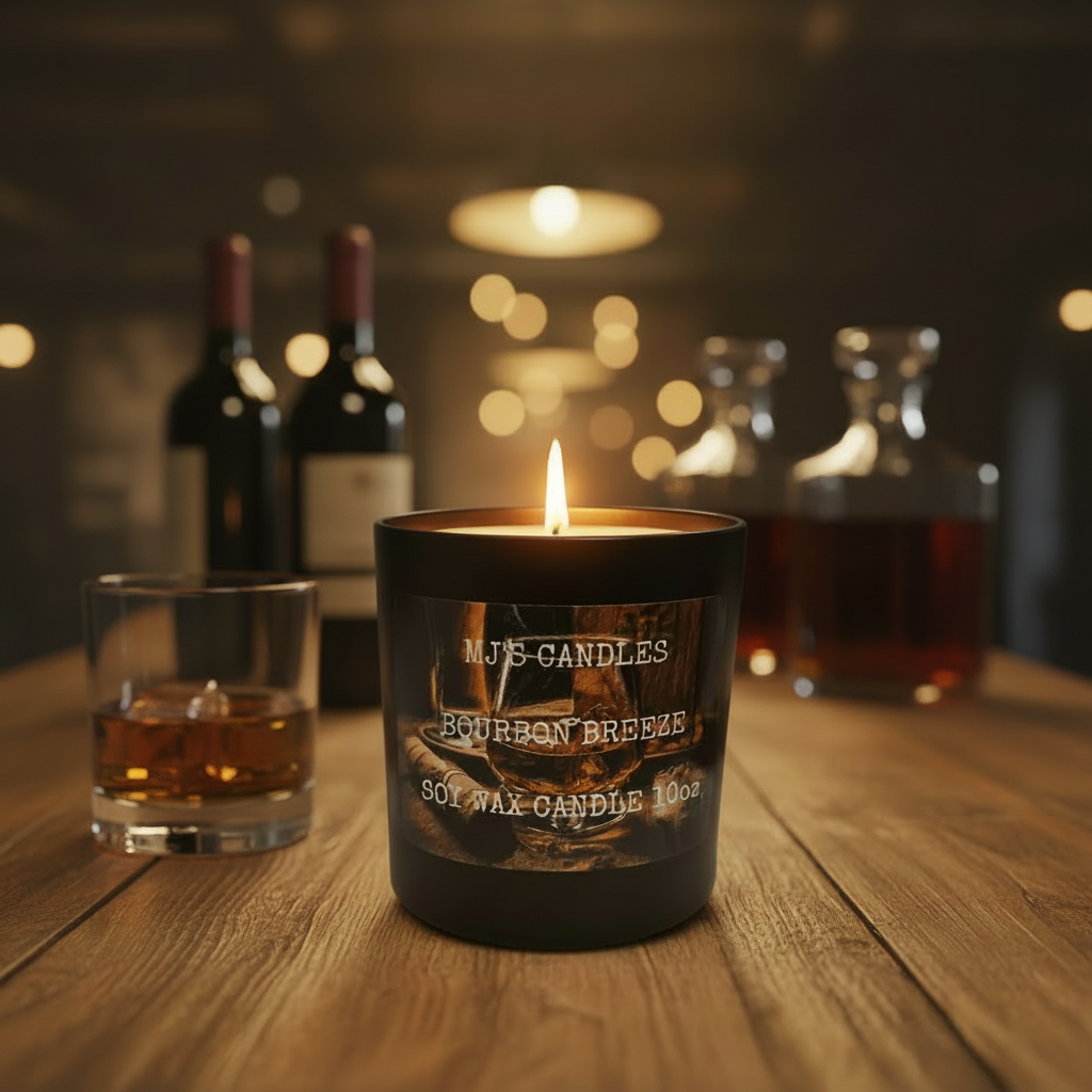 Luxury bourbon breeze candle by MJs Candles LLC burning on wooden table with whiskey glass and bottles