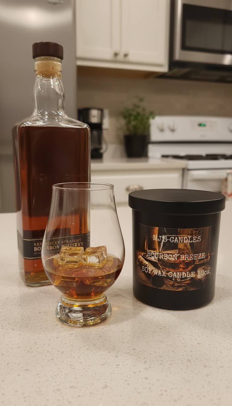 Luxury bourbon breeze candle by MJ'S CANDLES LLC next to a glass of bourbon and a bottle on a kitchen countertop
