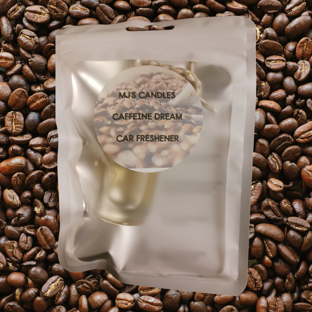 MJ'S CANDLES LLC luxury coffee aroma car freshener in sealed package on coffee bean background
