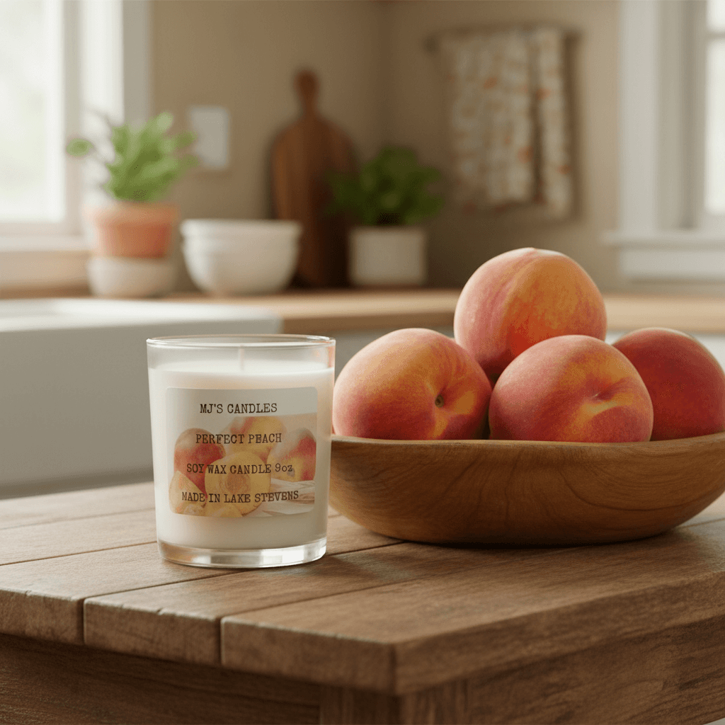 A clear glass jar candle labeled 'M's Candles Perfect Peach' sits on a wooden table in a softly blurred kitchen setting, with a wooden bowl of peaches behind it.