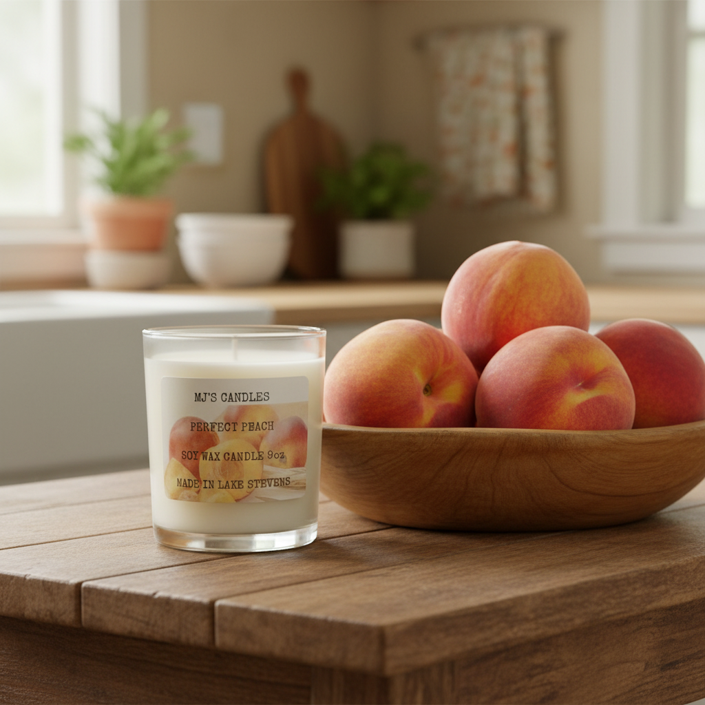A clear glass jar candle labeled 'M's Candles Perfect Peach' sits on a wooden table in a softly blurred kitchen setting, with a wooden bowl of peaches behind it.