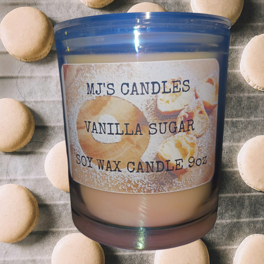 MJ'S CANDLES luxury vanilla sugar candle 10oz in glass container with vanilla donuts background