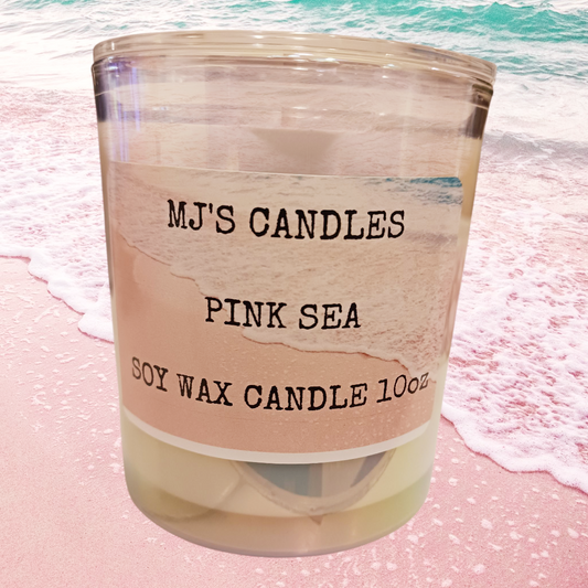 MJ'S CANDLES natural beach scented candle Pink Sea soy wax 10oz with ocean waves label