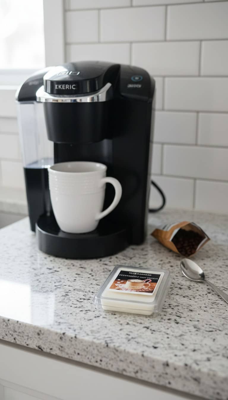 Black Keric coffee maker with white mug and peppermint Hot Cocoa coffee pods on kitchen counter
