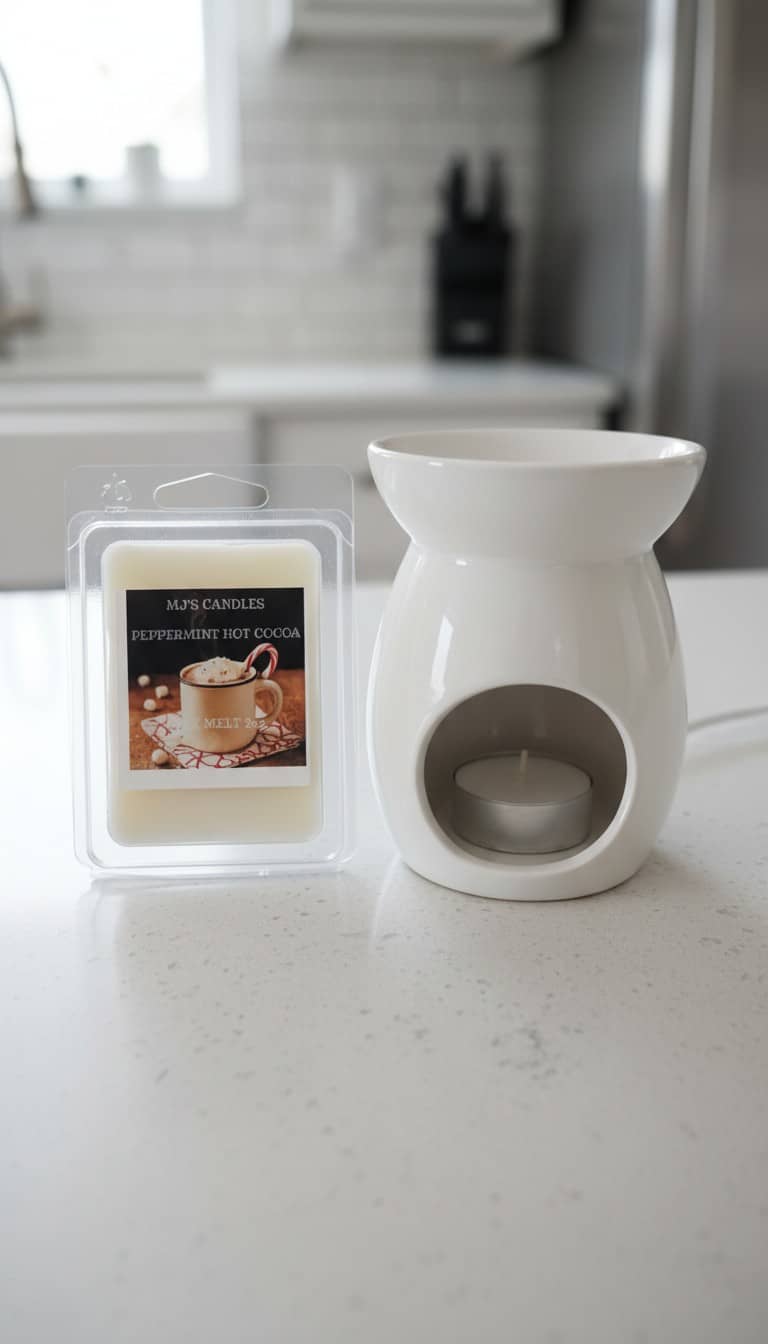 MJ's Candles peppermint Hot Cocoa wax melts with white ceramic wax warmer and tealight candle
