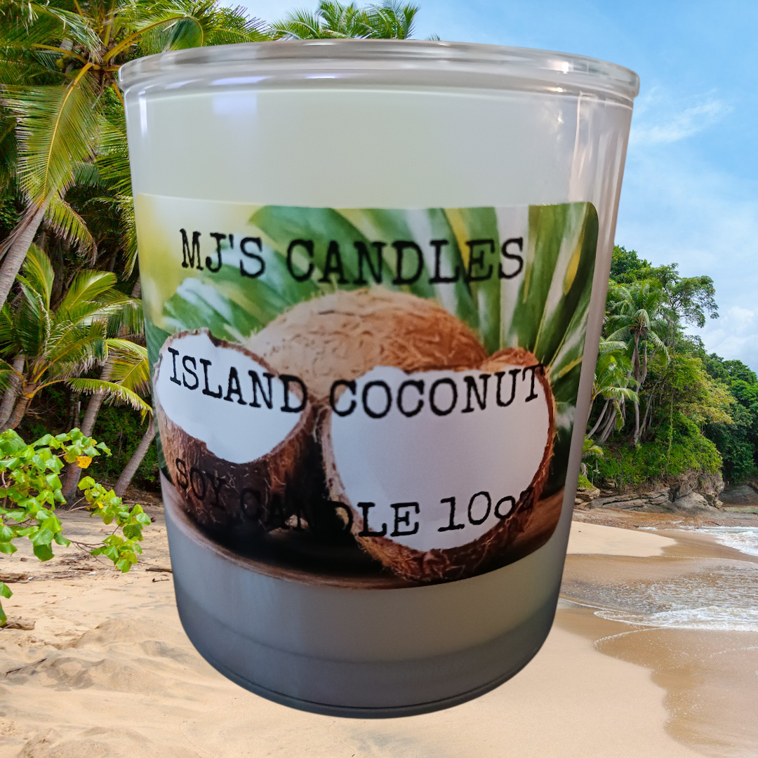 MJ'S CANDLES Island Coconut scented soy candle in clear glass jar with tropical coconut design