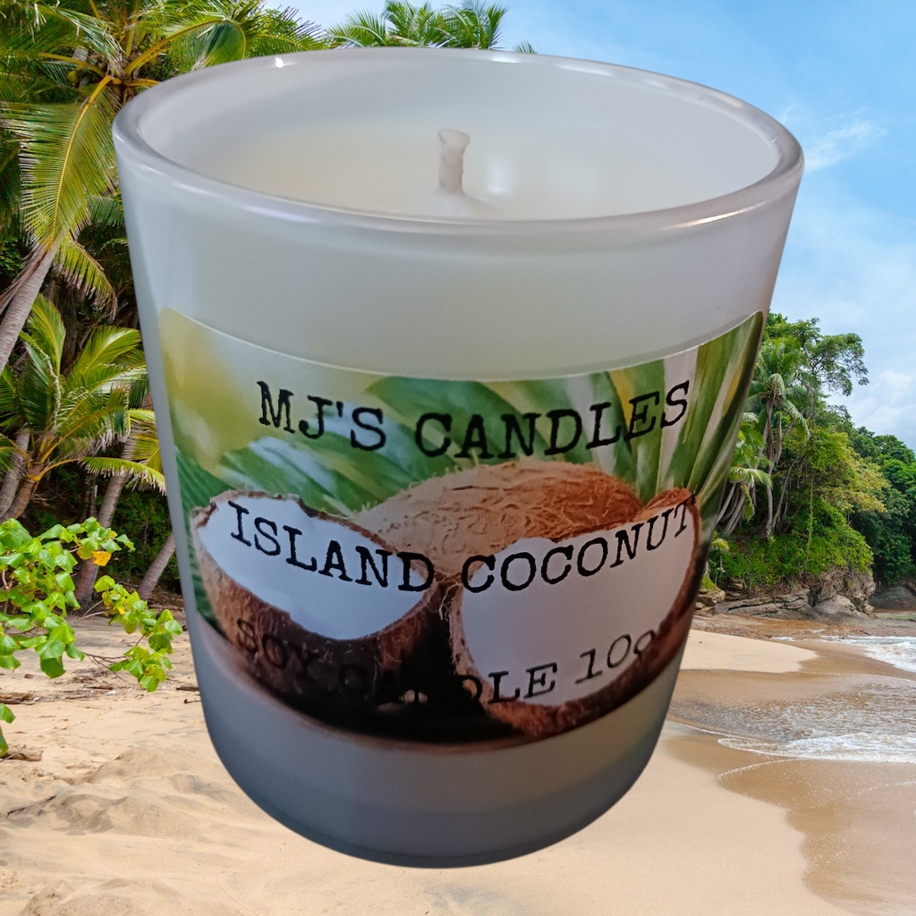 MJ'S CANDLES LLC Island Coconut soy candle in frosted glass jar with tropical beach background