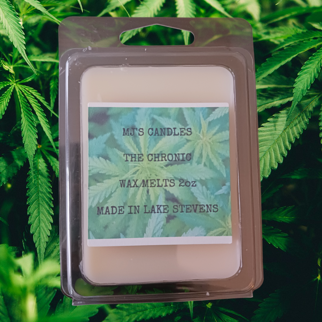MJ'S CANDLES LLC soy wax melts cannabis scent The Chronic 2oz wax melts in clear plastic packaging