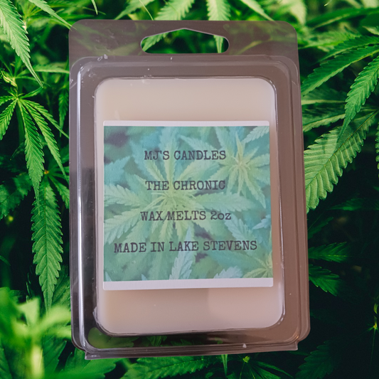 MJ'S CANDLES LLC soy wax melts cannabis scent The Chronic 2oz wax melts in clear plastic packaging
