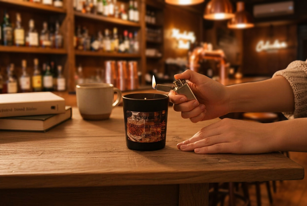 Person lighting MJ'S CANDLES LLC tennessee whiskey scented candle on wooden table in cozy living room