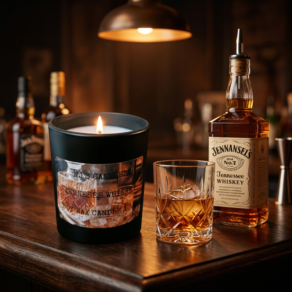 MJ's Candles black jar candle with Tennessee whiskey label and white wax inside