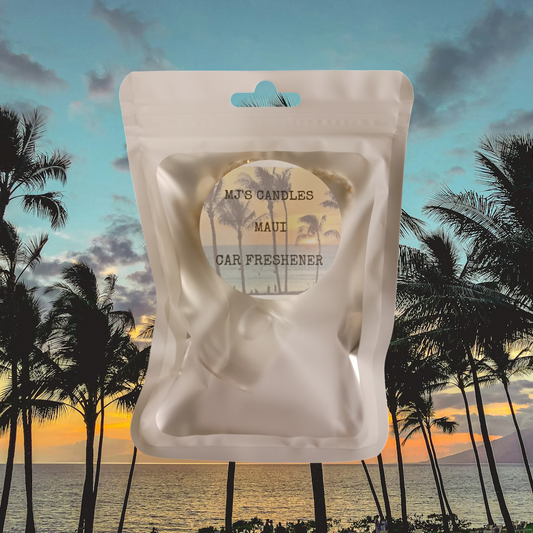 MJ'S CANDLES LLC tropical scented car air freshener in sealed beige pouch with Maui palm tree design
