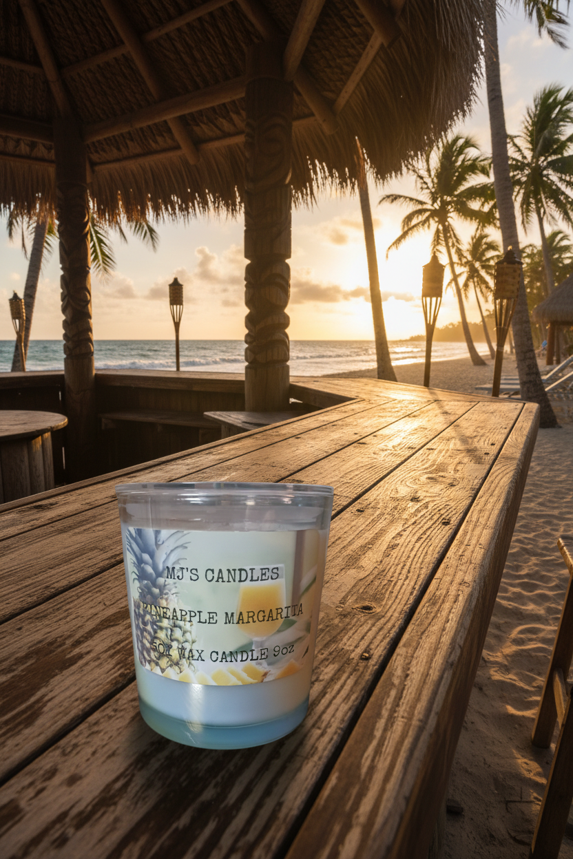 Tropical scented natural candle by MJ'S CANDLES LLC placed on a wooden table under a beach hut at sunset
