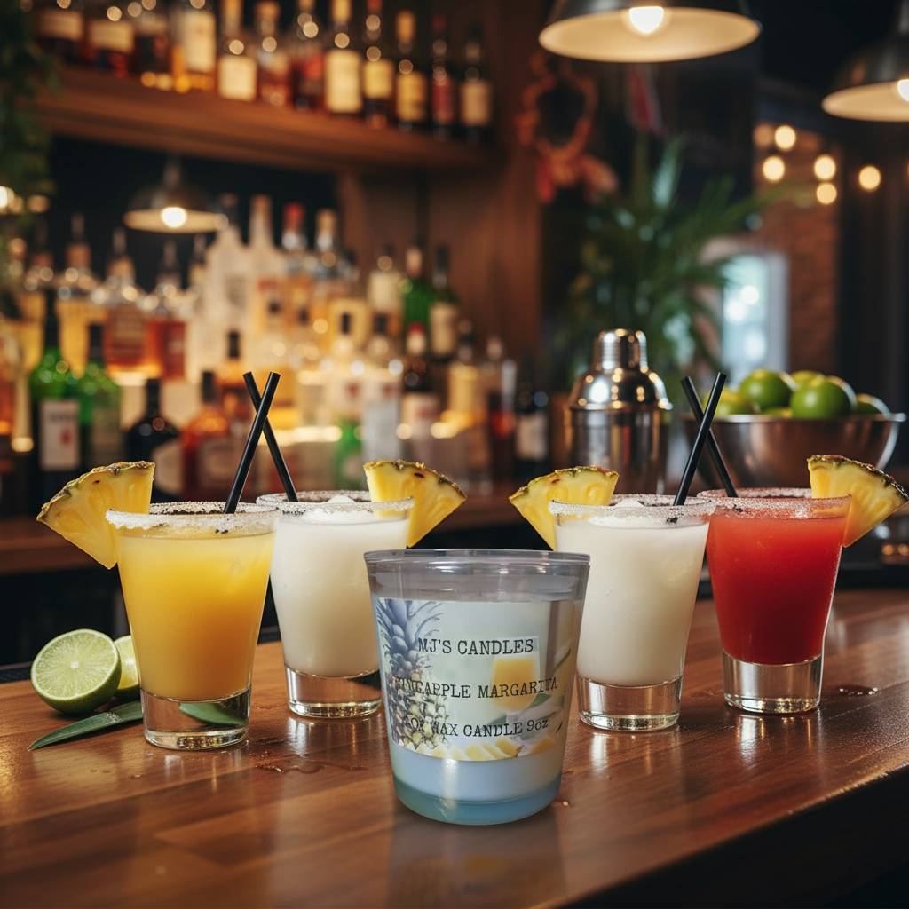 Tropical scented natural candle from MJ'S CANDLES LLC displayed with tropical cocktails on a bar counter