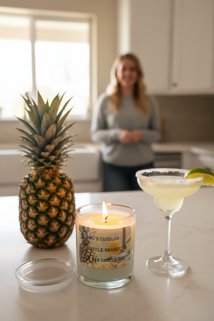 Tropical scented natural candle by MJ'S CANDLES LLC lit on kitchen counter next to pineapple and margarita glass