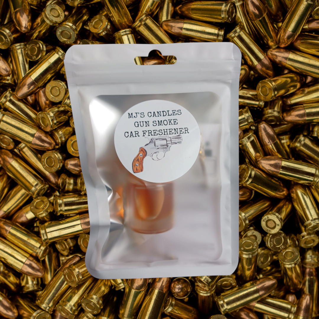 MJ'S CANDLES unique car air freshener for men in gun smoke scent packaged in silver pouch