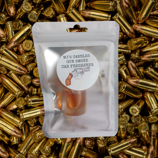 MJ'S CANDLES unique car air freshener for men in gun smoke scent packaged in silver pouch