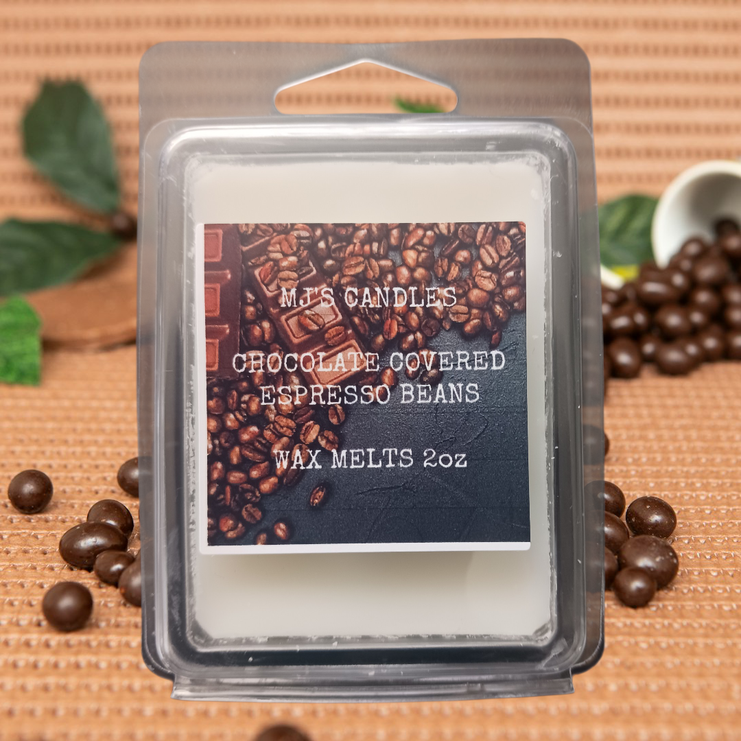 MJ'S CANDLES chocolate covered espresso beans wax melt 2oz in clear clamshell packaging