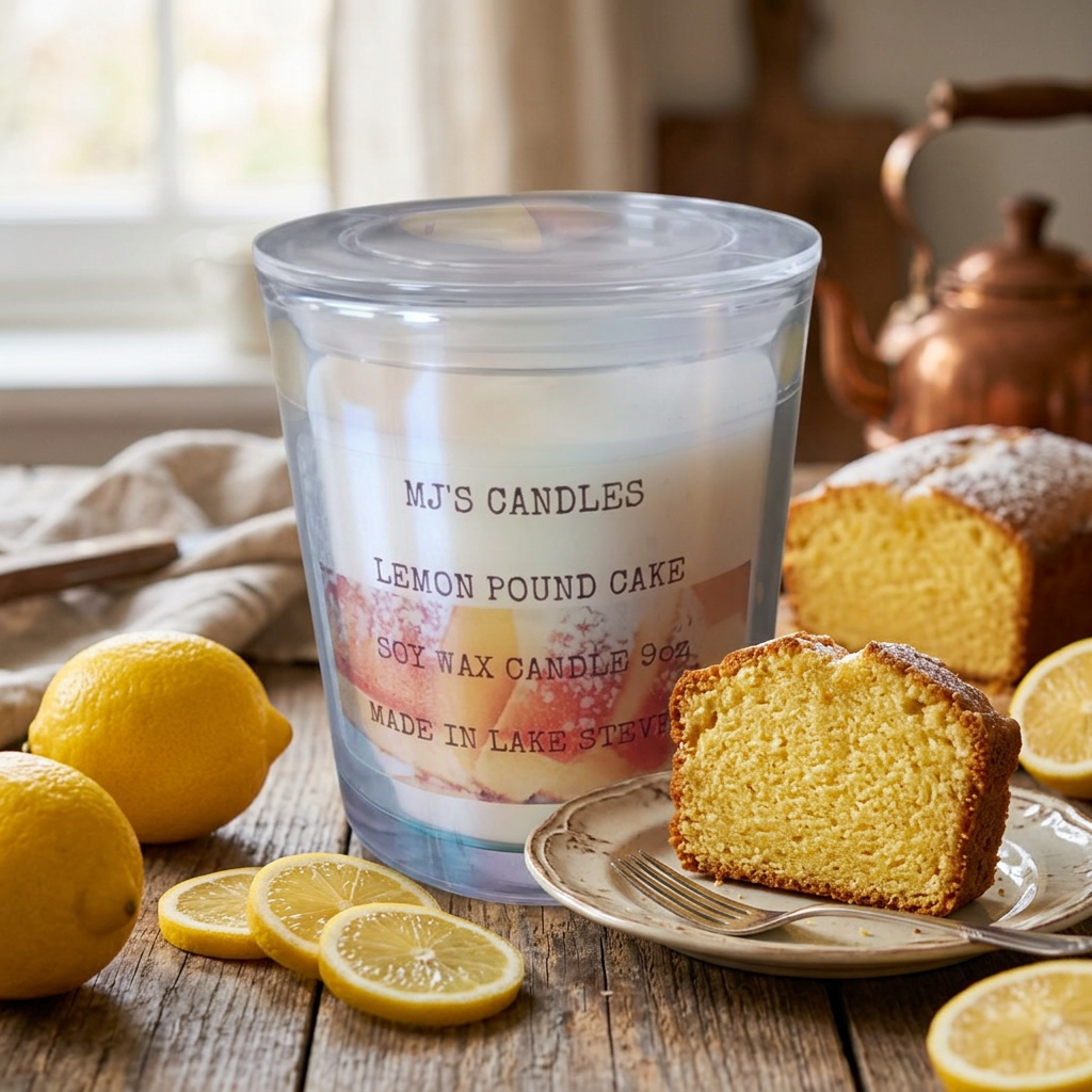 Handcrafted lemon scented candle in clear glass jar labeled lemon pound cake by MJs Candles