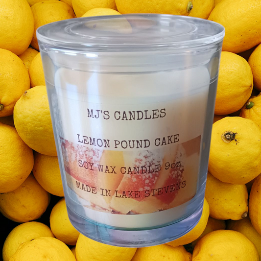 Handcrafted lemon scented candle in clear glass jar labeled lemon pound cake by MJs Candles