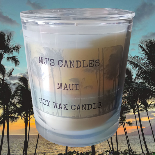 MJ'S CANDLES LLC handcrafted tropical candles soy wax candle with Maui label in glass jar