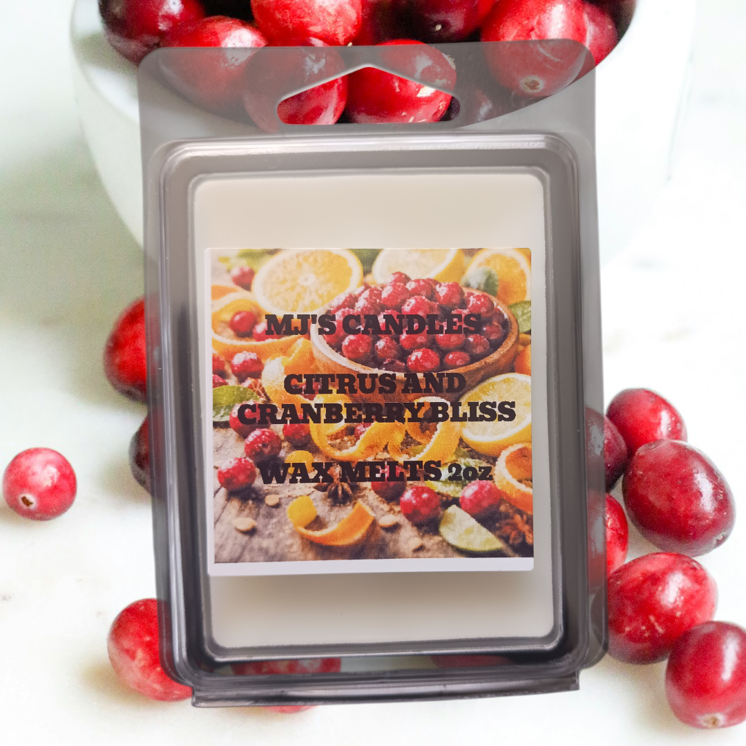 MJ'S CANDLES citrus and cranberry bliss wax melt 2oz with fresh cranberries around