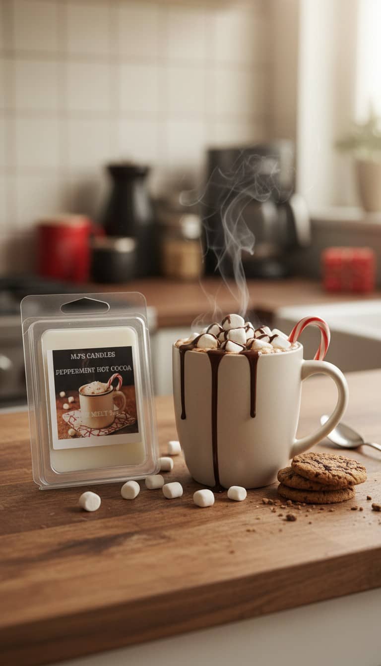 MJ'S CANDLES LLC peppermint Hot Cocoa wax melts next to a steaming cup of hot cocoa with marshmallows and cookies