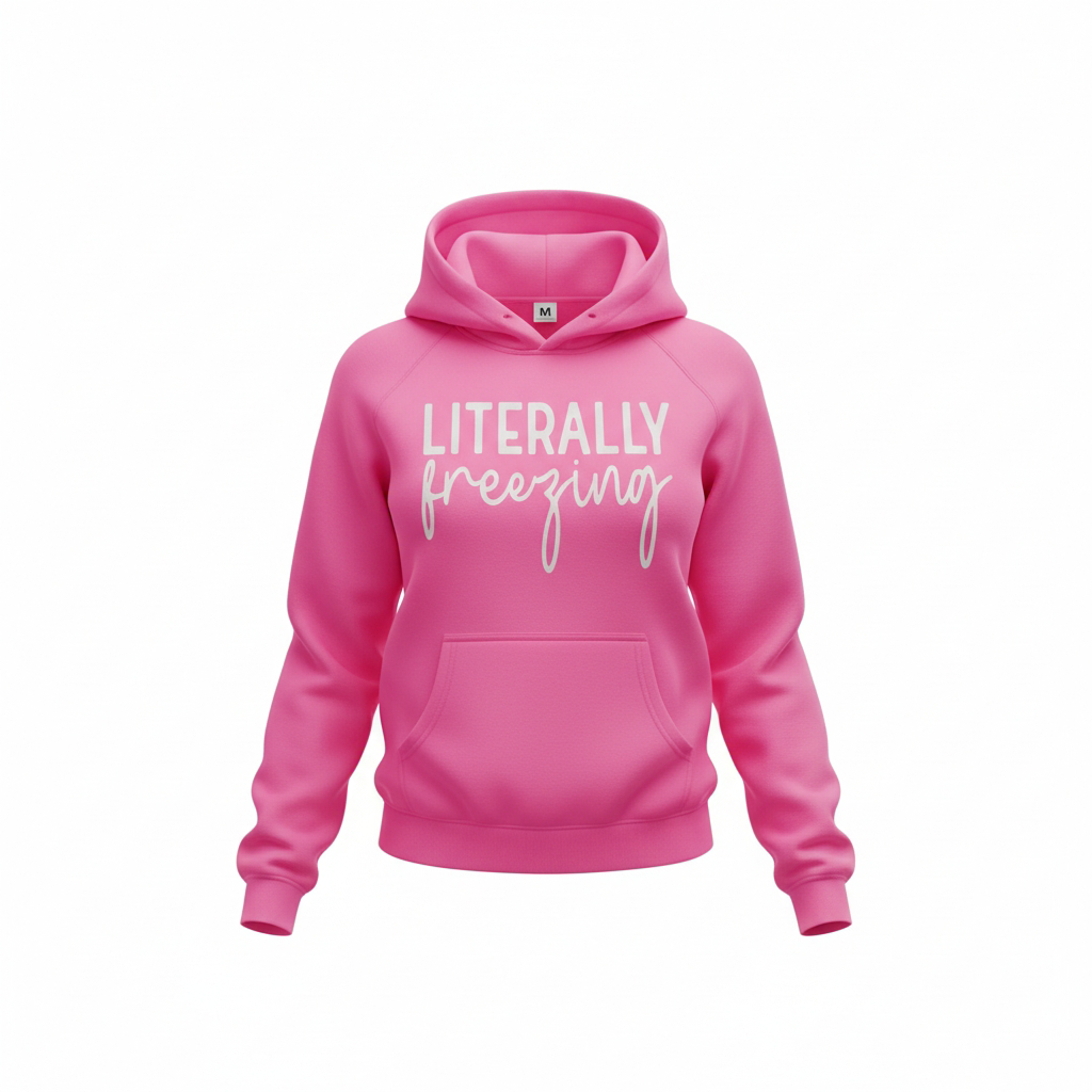 Pink hoodie with front pocket and white text saying literally freezing by MJ'S CANDLES LLC