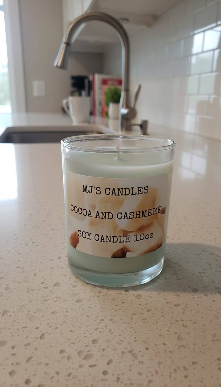 MJ'S CANDLES LLC luxury natural scented candle 10oz Cocoa and Cashmere soy candle on kitchen counter