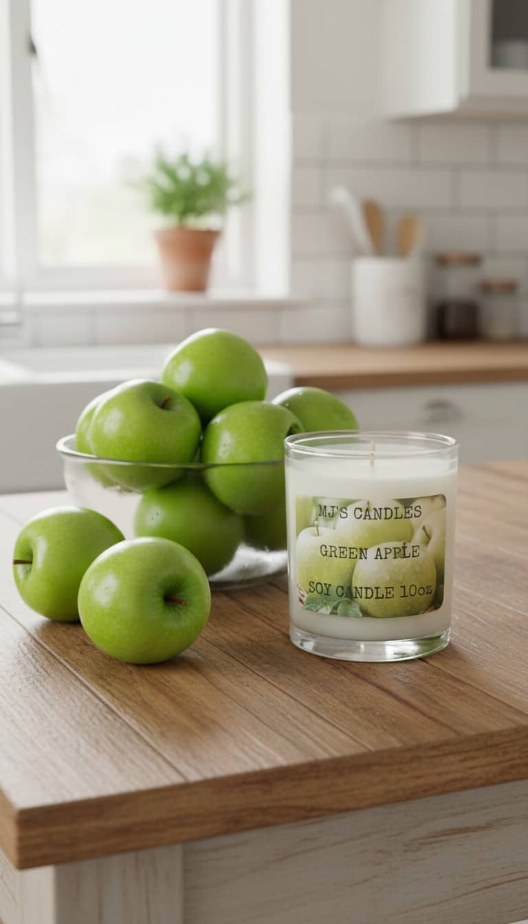 MJ'S CANDLES LLC green apple scented soy candle wax in glass jar beside fresh green apples on wooden kitchen countertop