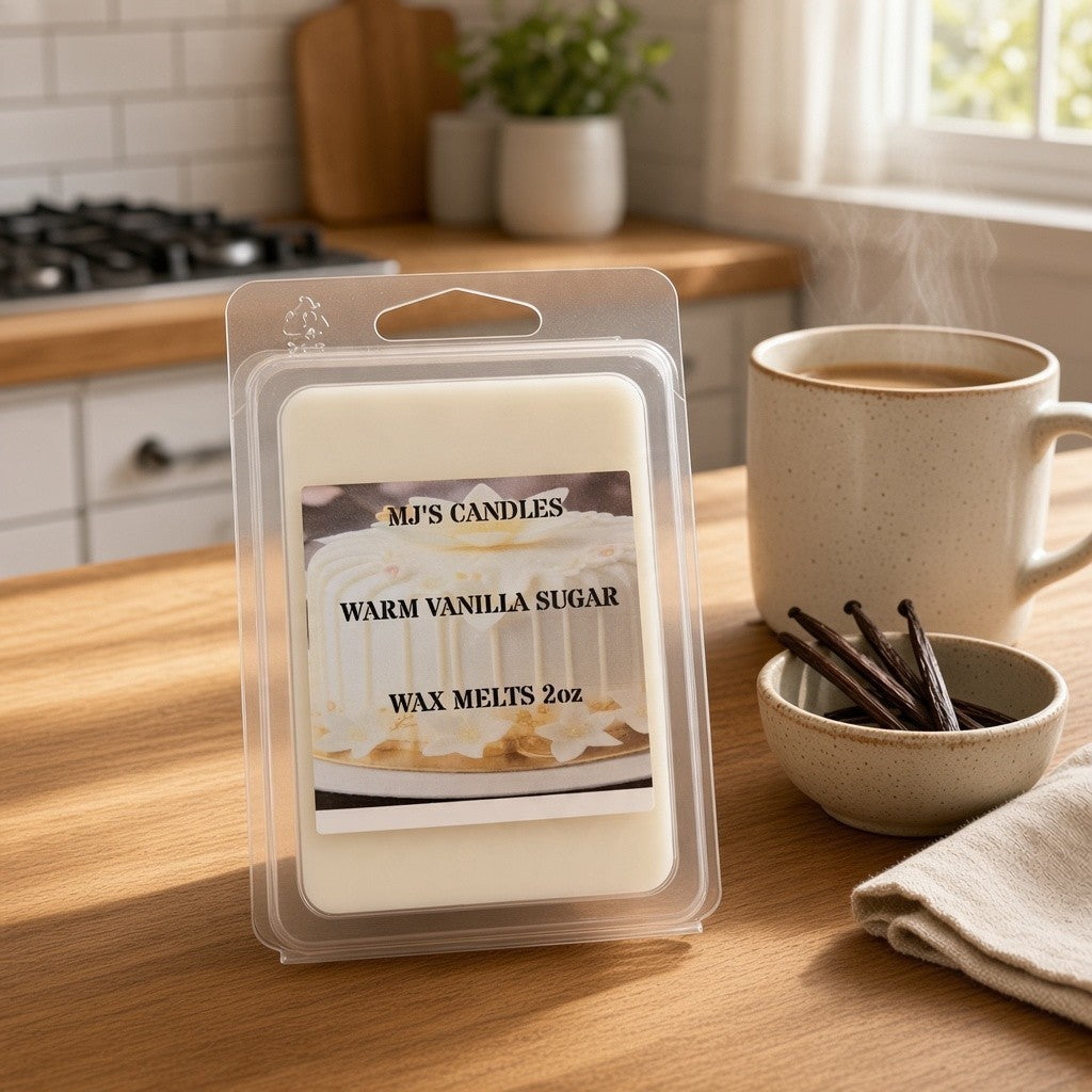 MJ's Candles Warm Vanilla Sugar wax melts 2oz best vanilla scent with vanilla beans and steaming coffee cup